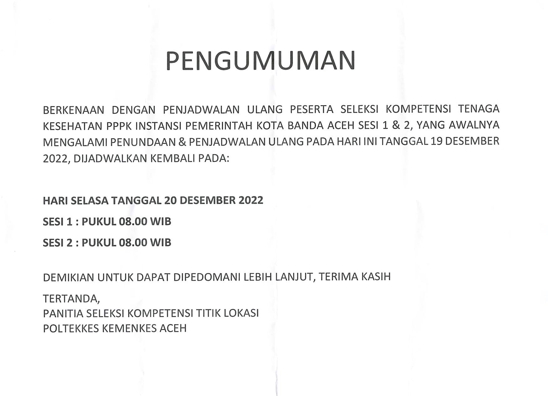 Pengumuman Penjadwalan Ulang Seleksi Kompetensi Pppk Tenkes Pemko Banda