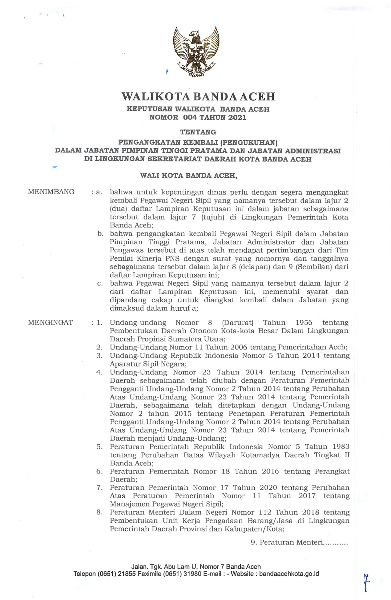 Keputusan Wali Kota Banda Aceh Nomor 004 Tahun 2021 - Badan Kepegawaian ...