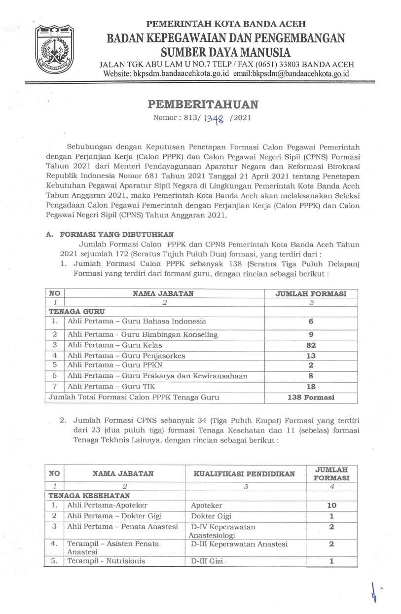 Rincian Formasi CPNS Dan PPPK Pemko Banda Aceh Tahun 2021 - Badan ...