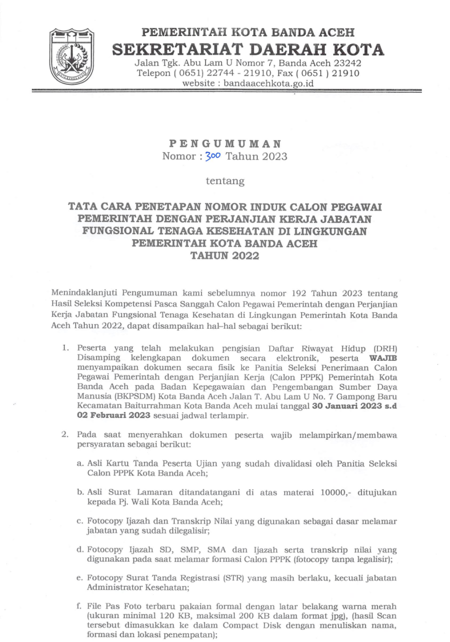 Pengumuman Tata Cara Penetapan NI PPPK JF Tenkes Pemko B. Aceh TA. 2022 ...