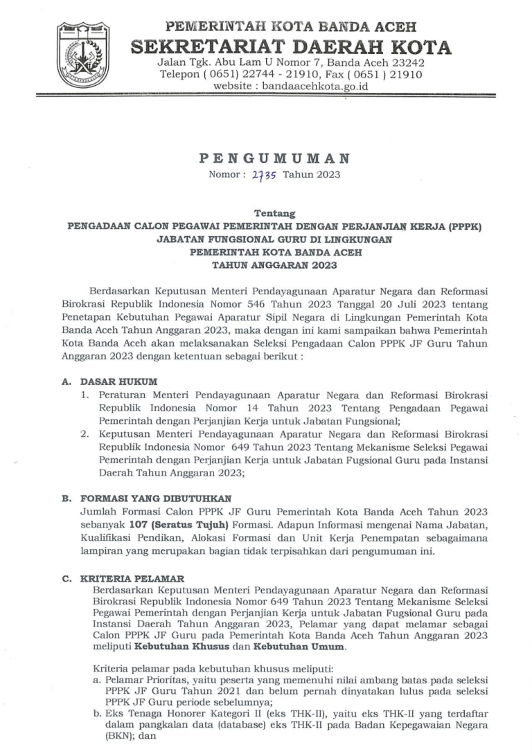 Pengadaan Calon PPPK JF Guru Dan Tenaga Kesehatan Kota Banda Aceh Tahun ...