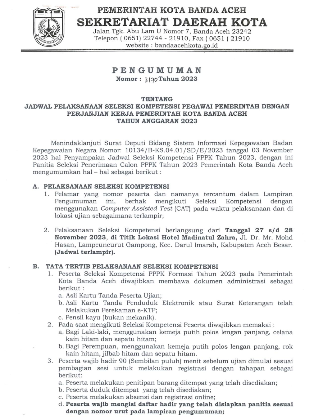 Jadwal Pelaksanaan Seleksi Kompetensi Calon PPPK Pemko Banda Aceh 2023 ...