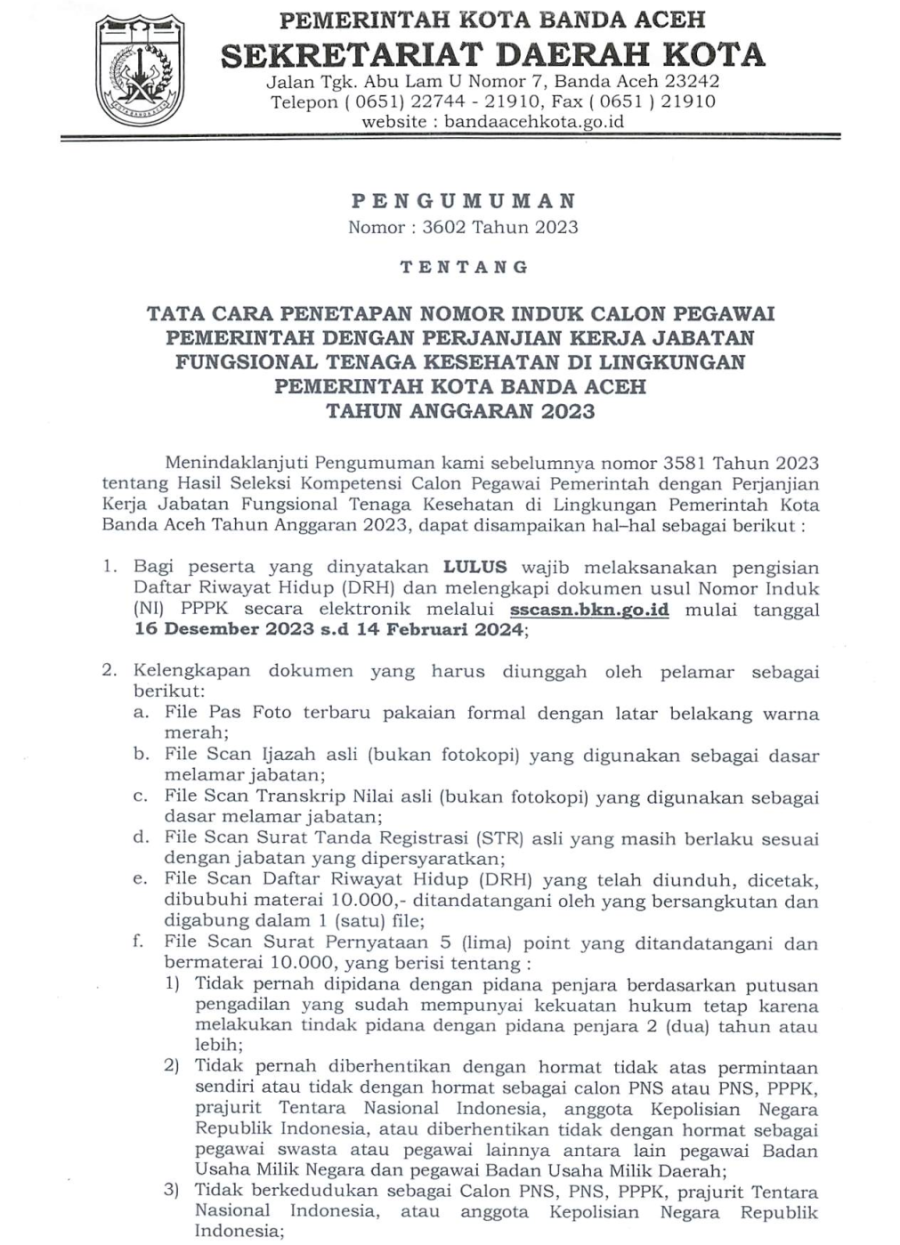 Tata Cara Penetapan NI Calon PPPK JF Tenaga Kesehatan Pemko Banda Aceh ...