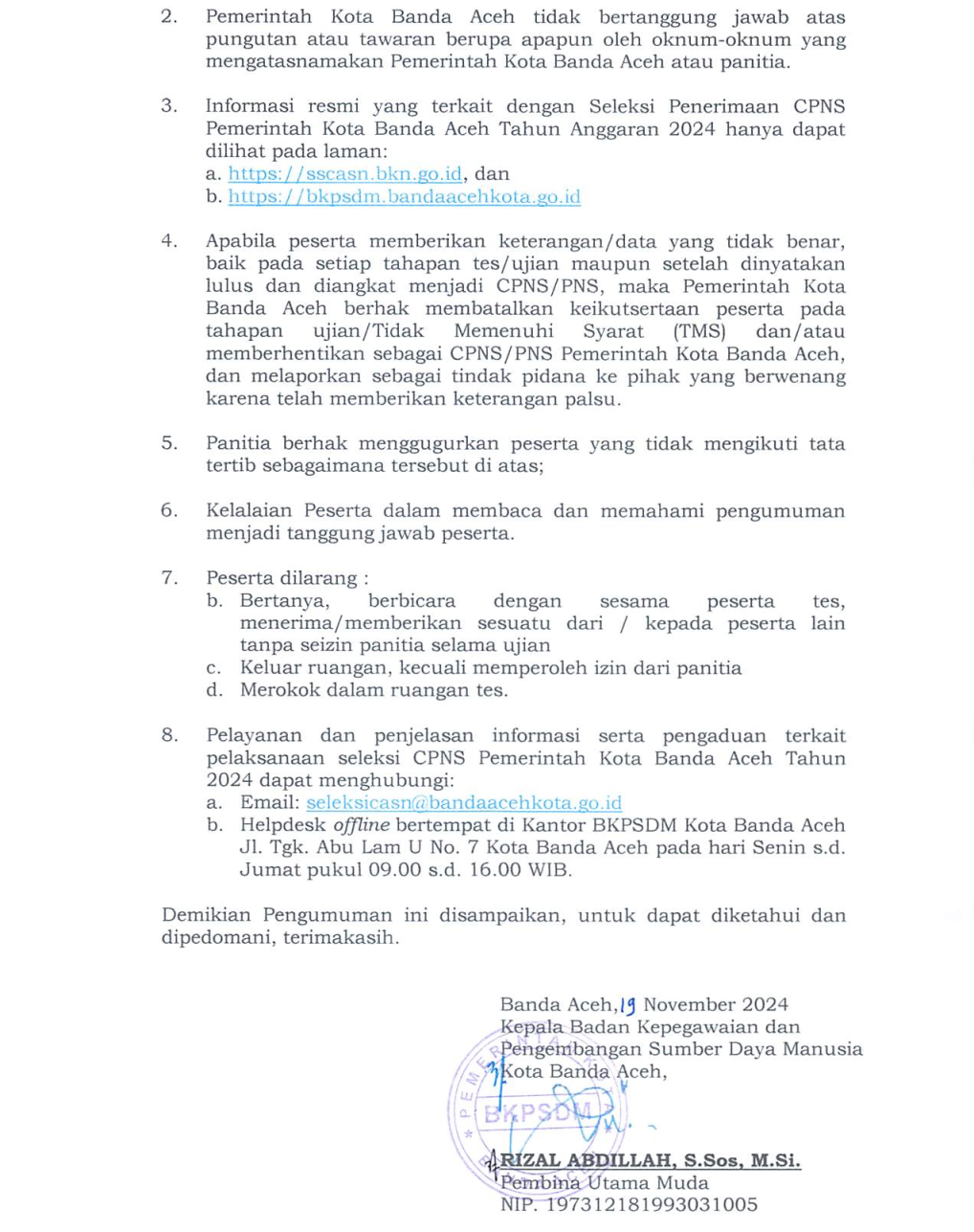 Pengumuman hasil skd cpns di lingkungan pemko banda aceh ta 2024